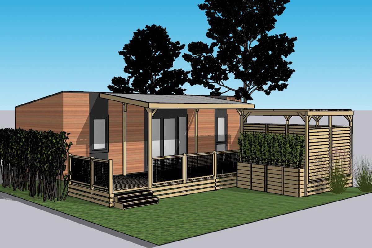 Vue 3D Clairval conception terrasse sur-mesure 9mx2m60 couverte 5m toit Sunny avec extension module SPA couvert pergola brise soleil, pare vues persiennes et jardinières