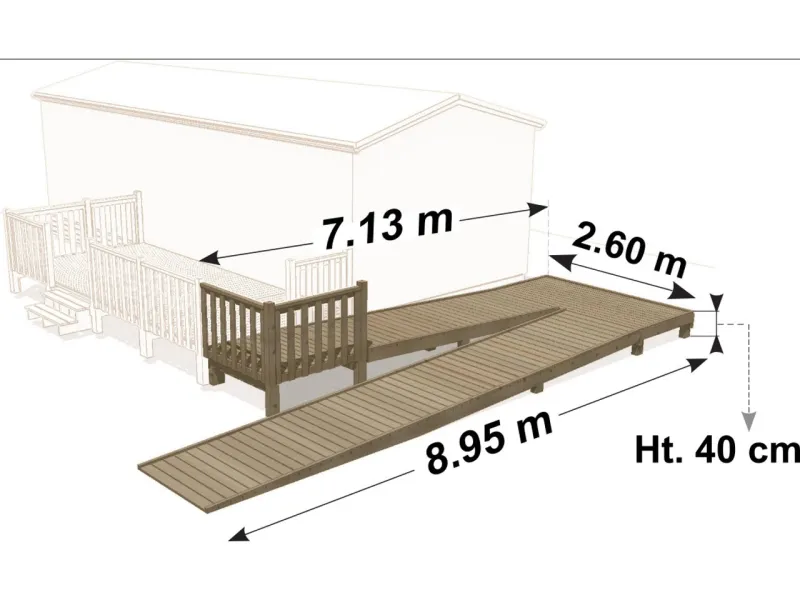 Vue en 3D de l'extention terrasse rampe d'accès PMR "zig-zag"pour accessibilité au mobil-home