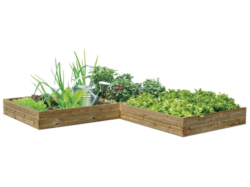 Carré potager bois Clairval présenté en C, pour la culture d’aromates et légumes de jardin