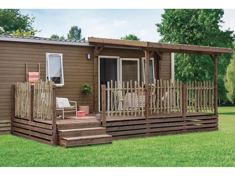 Terrasse bois gamme classique PRESTIGE bois marron 6m couverte 3m50 rambarde EUCA