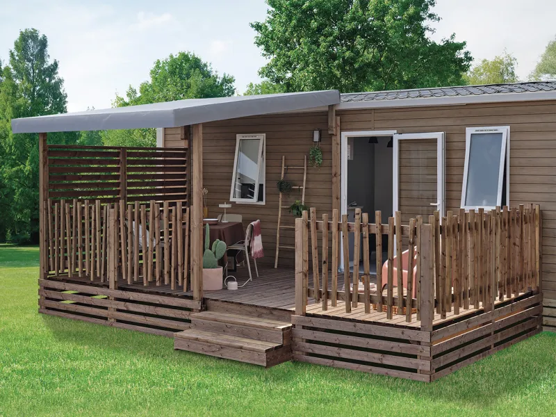 Terrasse bois gamme classique PRESTIGE bois marron 6m couverte 3m rambarde OLA