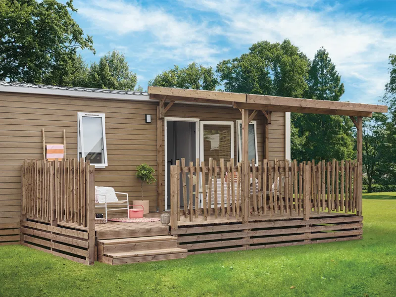 Terrasse bois gamme classique bois marron PRESTIGE 6m couverte 3m50 rambarde OLA