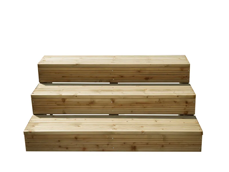 Présentation du kit adaptation escalier monté pour une intégration réussie de l'escalier d'origine, terrasse en bois Clairval pour mobil-home