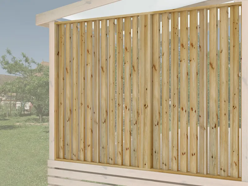 2 Pare-vue bois lattes verticales (1de 11 lattes et 1 de 9 lattes) pour côtés et façade de terrasse profondeur 2,60m Clairval 