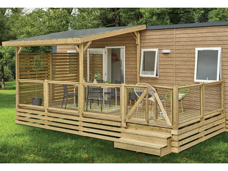 Terrasse BOIS gamme classique Prestige rambarde Pyla Couverture Sunny