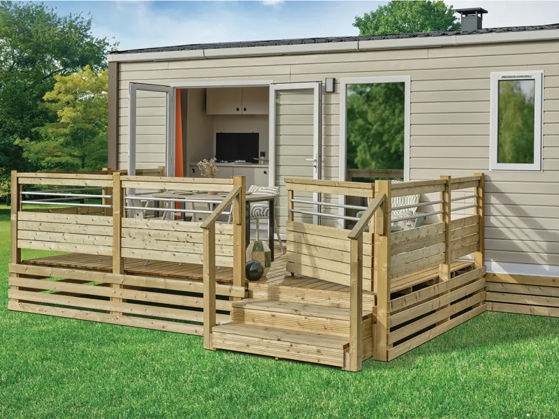 Terrasse bois Clairval Allure 4,5x2,60m classique non couverte, rambarde Bella, avec portillon un battant