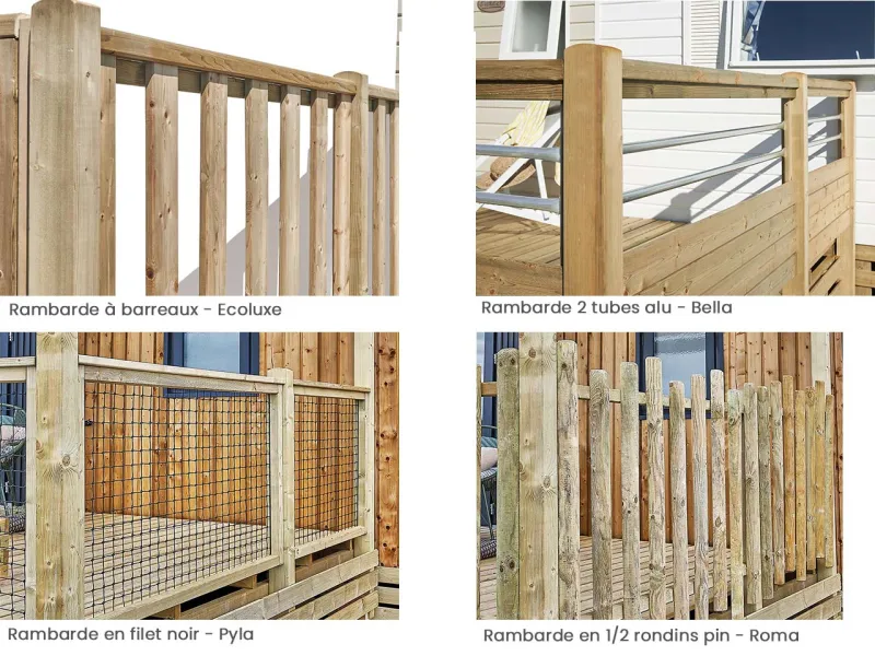 4 rambardes au choix pour les terrasses bois mobil-home de la gamme classique Clairval 2022