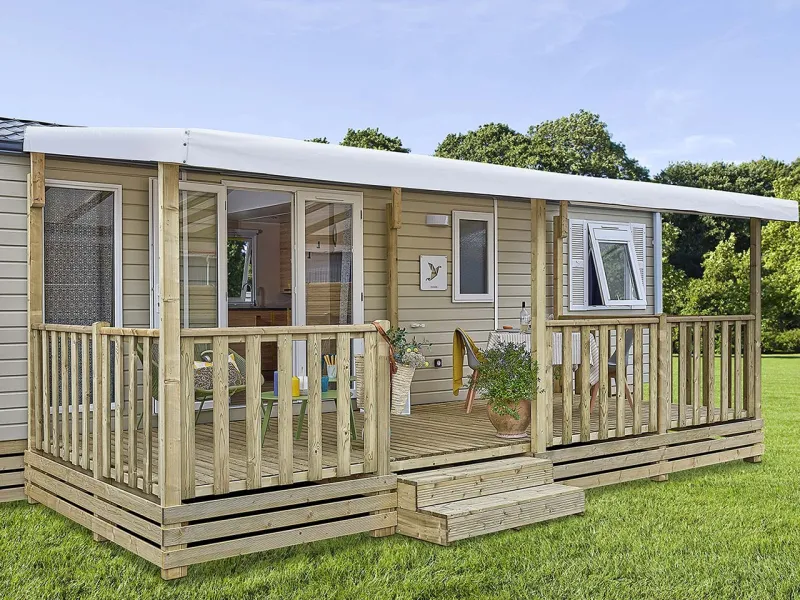 Terrasse bois couverte coverluxe 6mx2m60 couverte toit standard 6m et rambarde à barreaux ecoluxe