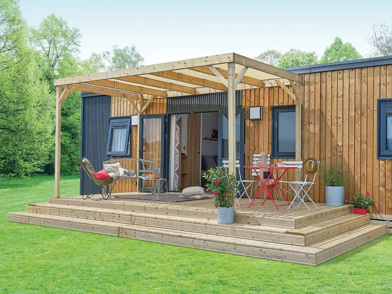 Terrasse bois Podium Clairval Palma  6,85X3,10 m avec option pergola toit plat 4m50 