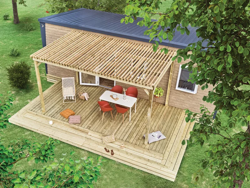 Vue de dessus de la Terrasse  bois Podium Clairval  Ibiza  6,85X3,45 m option pergola brise-soleil 4m50 