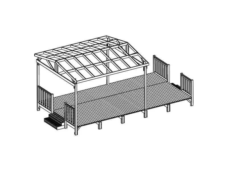 Vue en 3D de la terrasse commune à deux mobil-homes, le modèle Tribu XL Clairval dont la longueur est de  7,43 m, couvert 4,55 m et d'une profondeur 4,32 m 