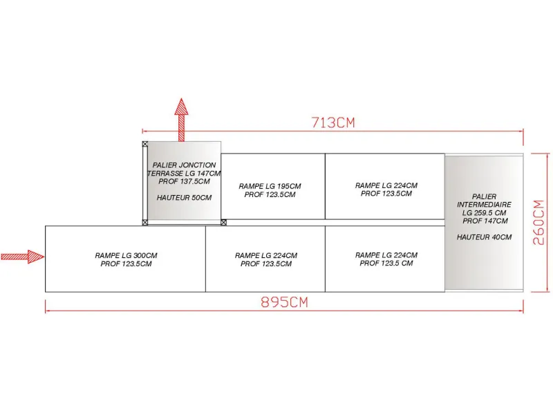 Plan de montage de la rampe d'accès PMR "zig-zag" à positionner en façade ou sur côté du mobil-home en conformité à la règlementation