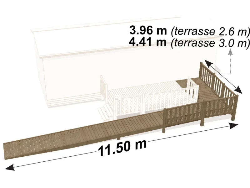 Vue en 3D de la Rampe d'accès PMR "Palace" montée en façade d'une terrasse Clairval et conforme à la réglementation