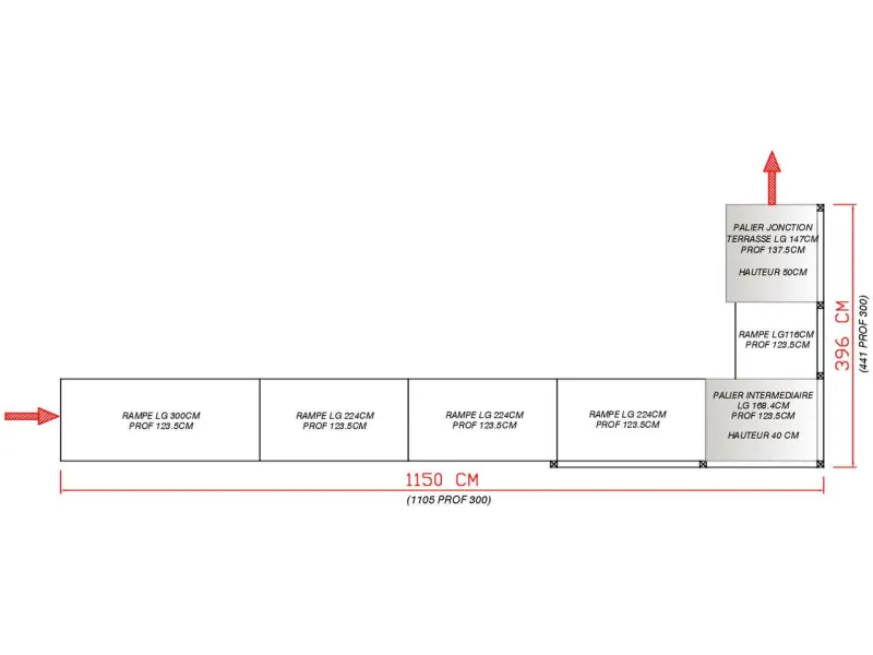 Plan de la Rampe d'accès PMR "Palace" montée en façade d'une terrasse Clairval et conforme à la réglementation