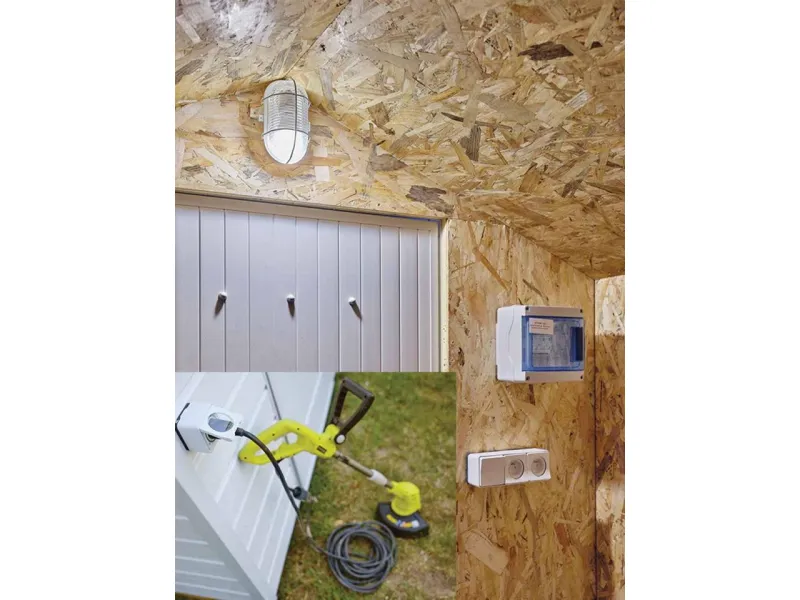 Abri de jardin "Littoral Premium Pack électrique" Clairval : détail de l’équipement électrique intérieur et extérieur
