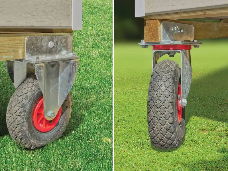 Vue de détail des roues fixes et directionnelles du kit déplacement abri Clairval 