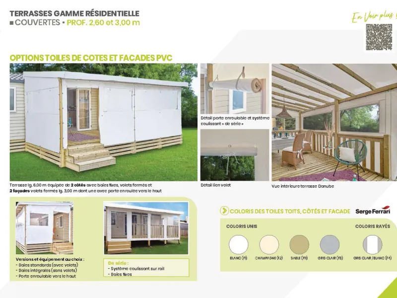 Option toiles de côtés et façade PVC et coloris des terrasses gamme résidentielle Clairval