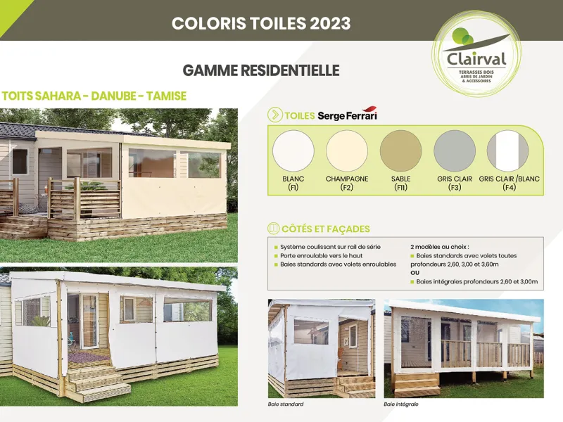 choix des coloris des couvertures de terrasses bois pour mobil-home de la gamme résidentielle Clairval