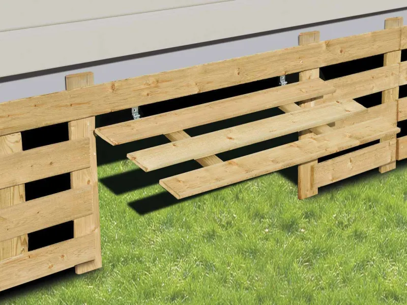 kit soubassement bois Clairval avec trappe relevable pour mobil-home sur 4 lattes en hauteur