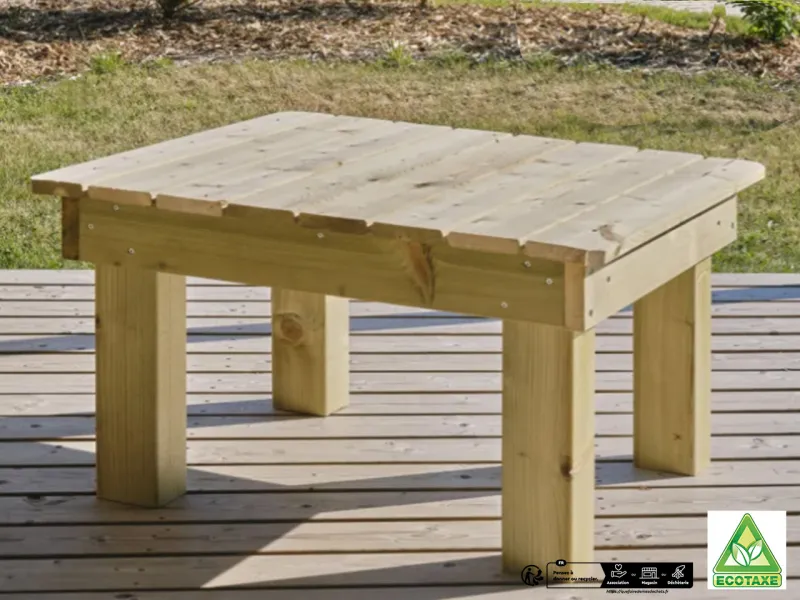 Table basse en bois mobilier extérieur dimensions L.80xP.60xH.45 pour terrasse de mobil-home Clairval, produit soumis à l'écotaxe