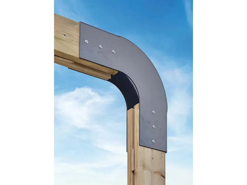 Terrasse bois Olympe gamme design de Clairval pour mobil-home, détail platine métallique