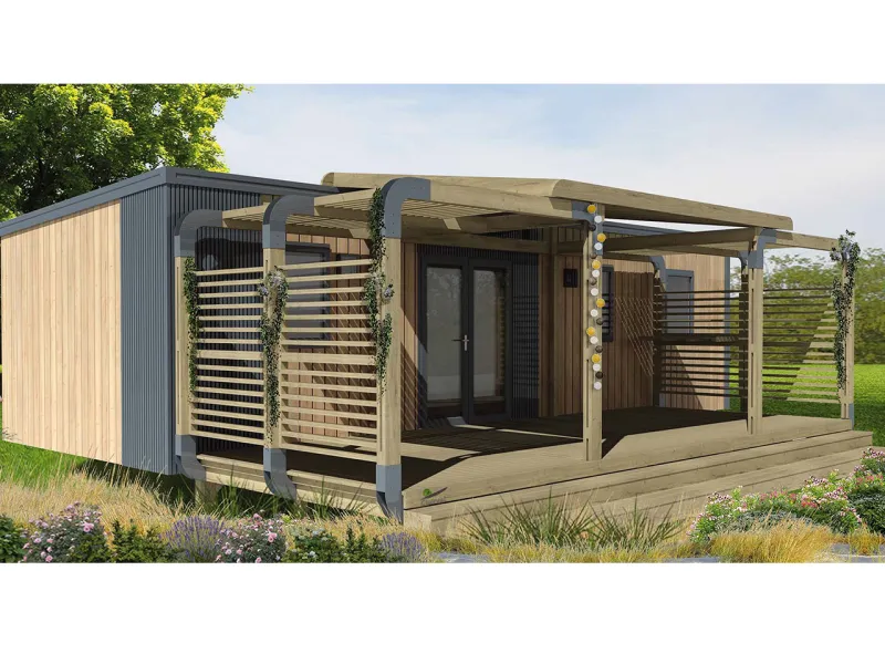 Terrasse bois Olympe gamme design de Clairval pour mobil-home, 3,96 m x 3,54 m couverte 4,00 mx 3,30 m toit avec pente 10°