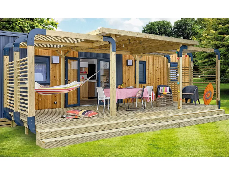 Terrasse bois Olympe gamme design de Clairval pour mobil-home, vue face