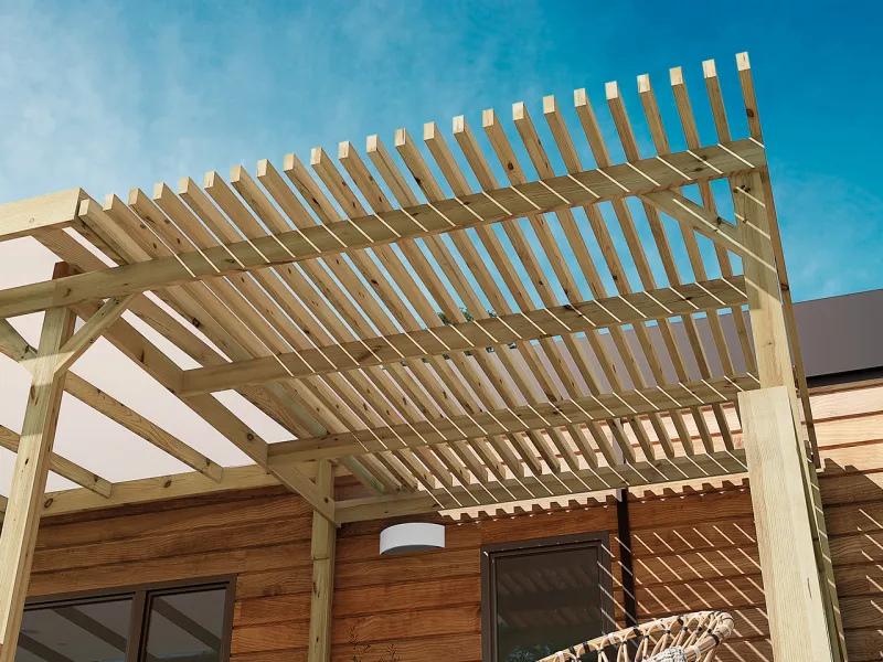 Option pergola brise-soleil et détail des chevrons pour terrasse bois clairval