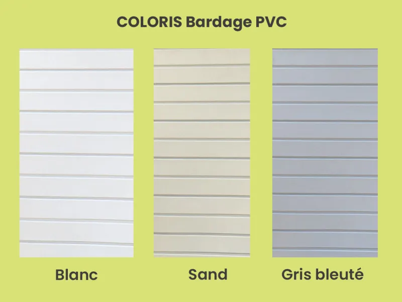 Choix des coloris de bardage d'abri de jardin PVC Clairval : Blanc/ Sand/ Gris Bleuté 