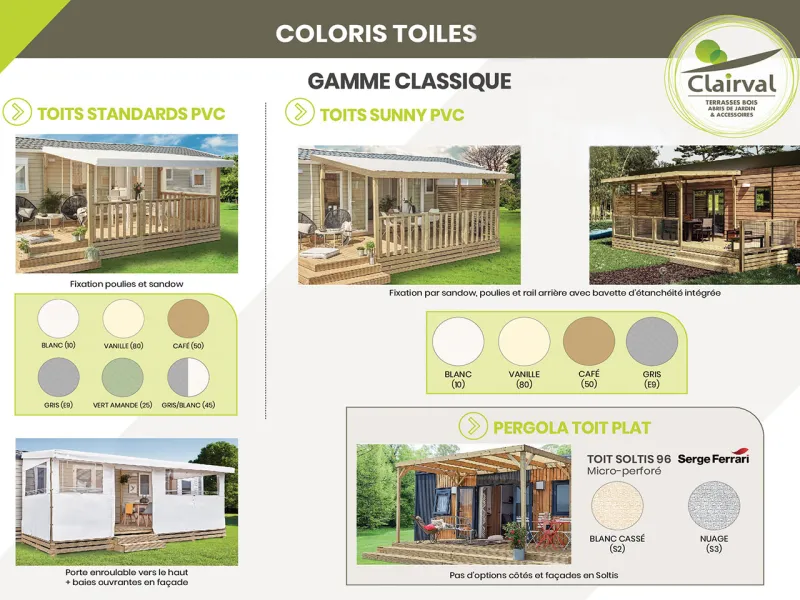 Choix des coloris des toiles de couverture de terrasse bois Clairval gamme classique pour toit standard PVC, toit SUNNY et toit Pergola à plat 2024