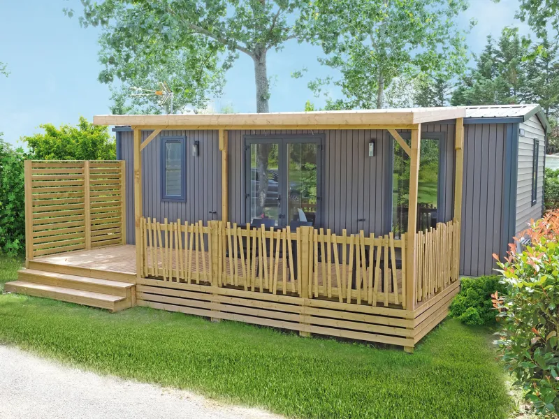 Terrasse bois pour mobil home GAIA Oyat 7,00x2,60m couverte toit SUNNY  5,00x2,90 m avec rambardes Oyat