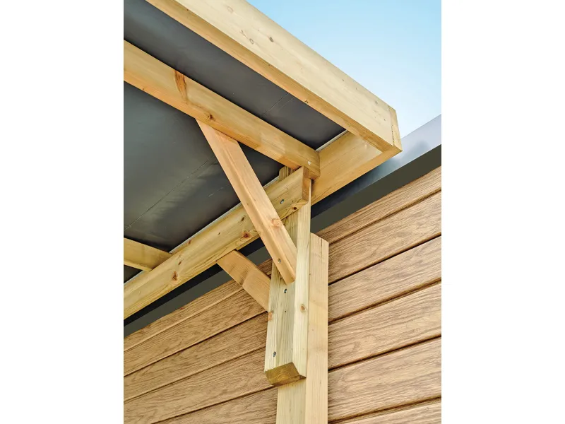 Toit SUNNY, charpente avec débord de 23 cm de chaque côté, terrasse gamme classique Clairval 