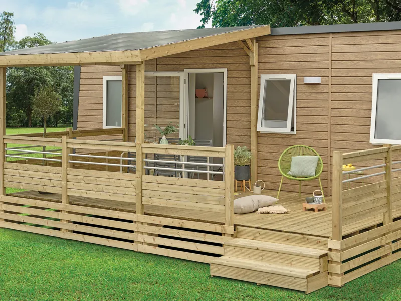 Terrasse PRESTIGE Bella Clairval, gamme classique, 6,00mx3,00m couverte toit SUNNY 3,50m, avec option soubassements 