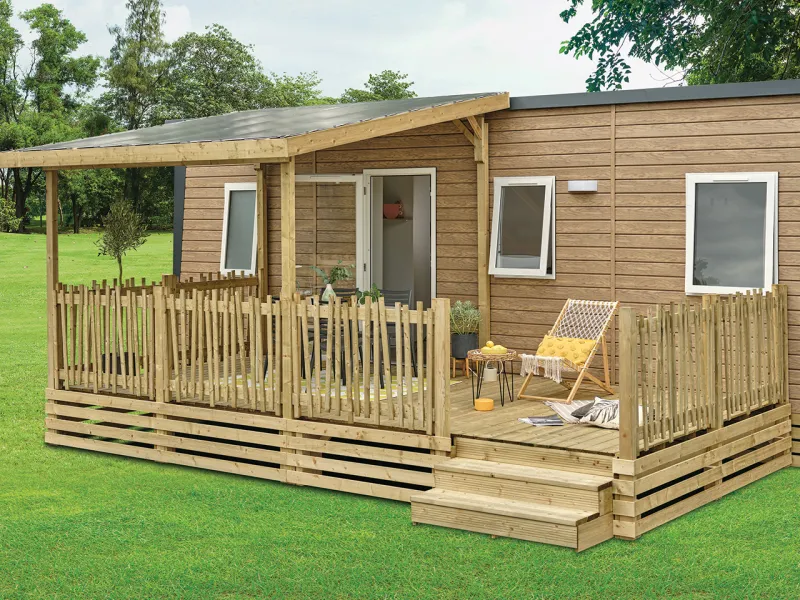 Terrasse PRESTIGE Oyat Clairval, gamme classique, 6,00mx3,00m couverte toit SUNNY 3,50m, avec option soubassements 