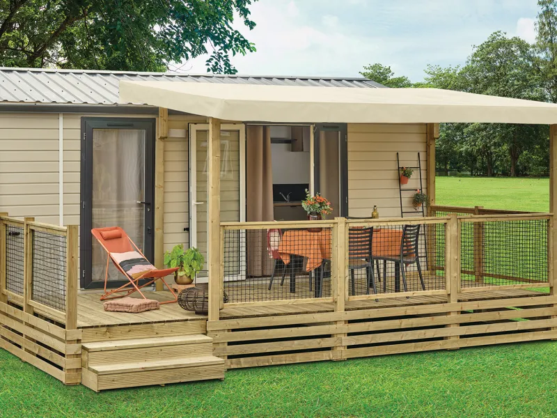 Terrasse SELECT Pyla Clairval, gamme classique, 6,00x2,60m couverte toit STANDARD 4,50m avec option soubassements 