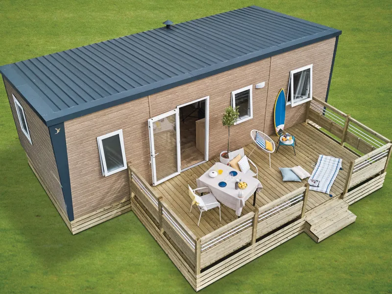 Terrasse bois Clairval Elite 6,00X3,00m classique non-couverte, rambardes Bella avec option soubassements 