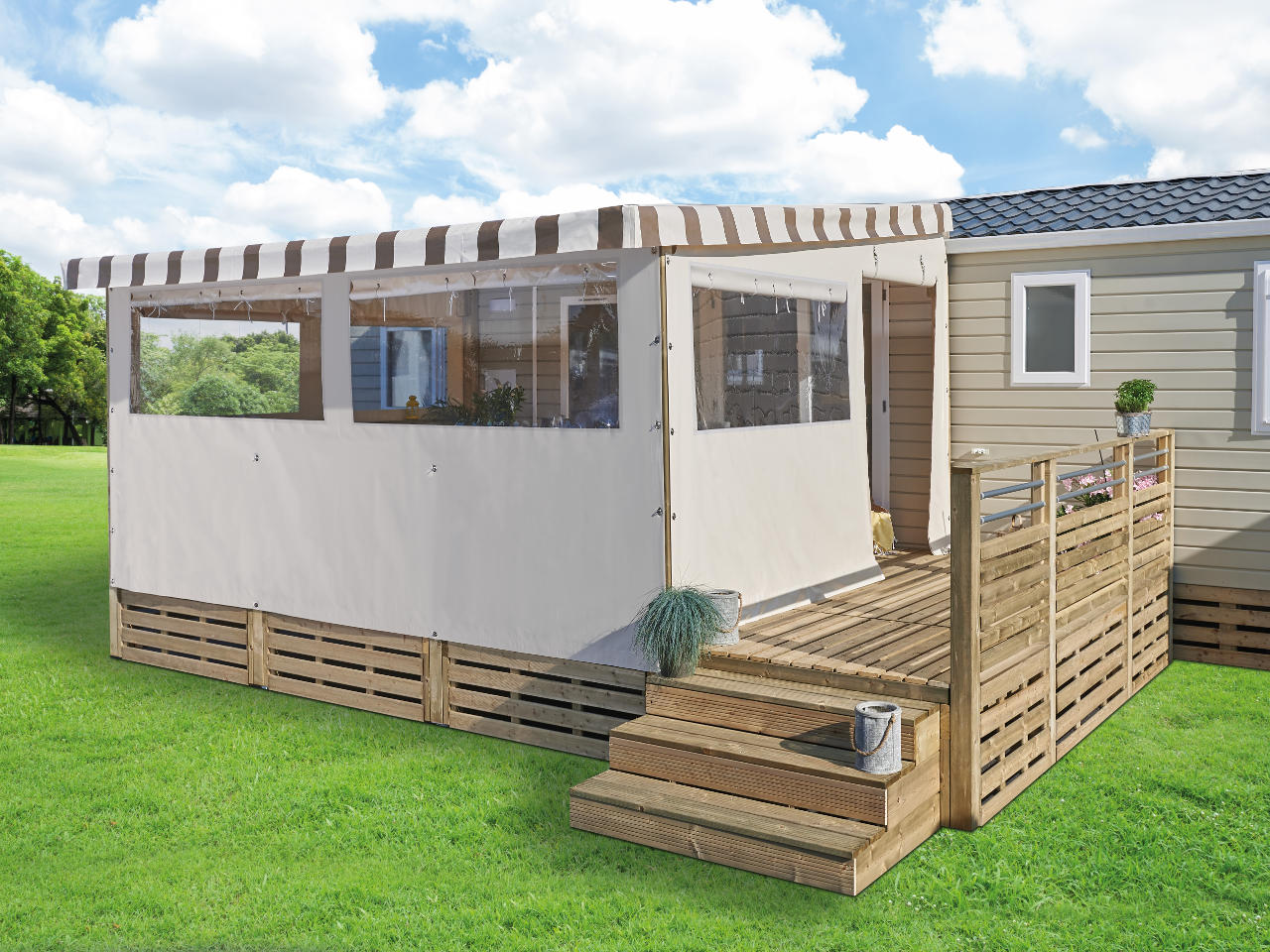 Toiles PVC Serge Ferrari pour côtés et façade terrasse bois mobil-home