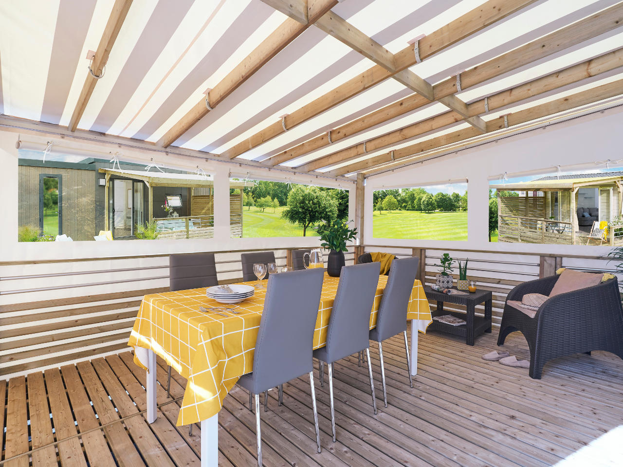 Toiles PVC Serge Ferrari pour côtés et façade terrasse bois mobil-home