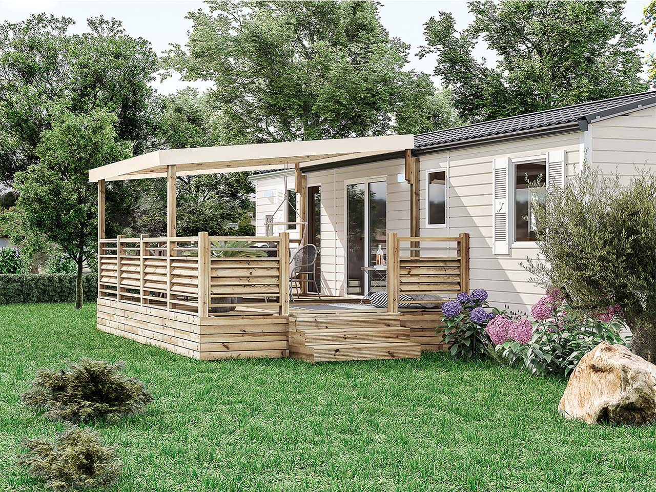La terrasse bois couverte pour mobil-home résidentiel