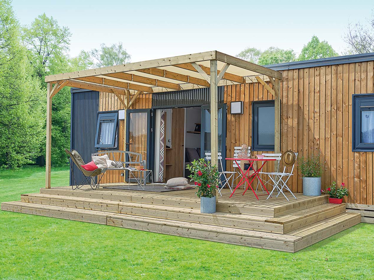 Salon de jardin pour terrasse bois mobil-home