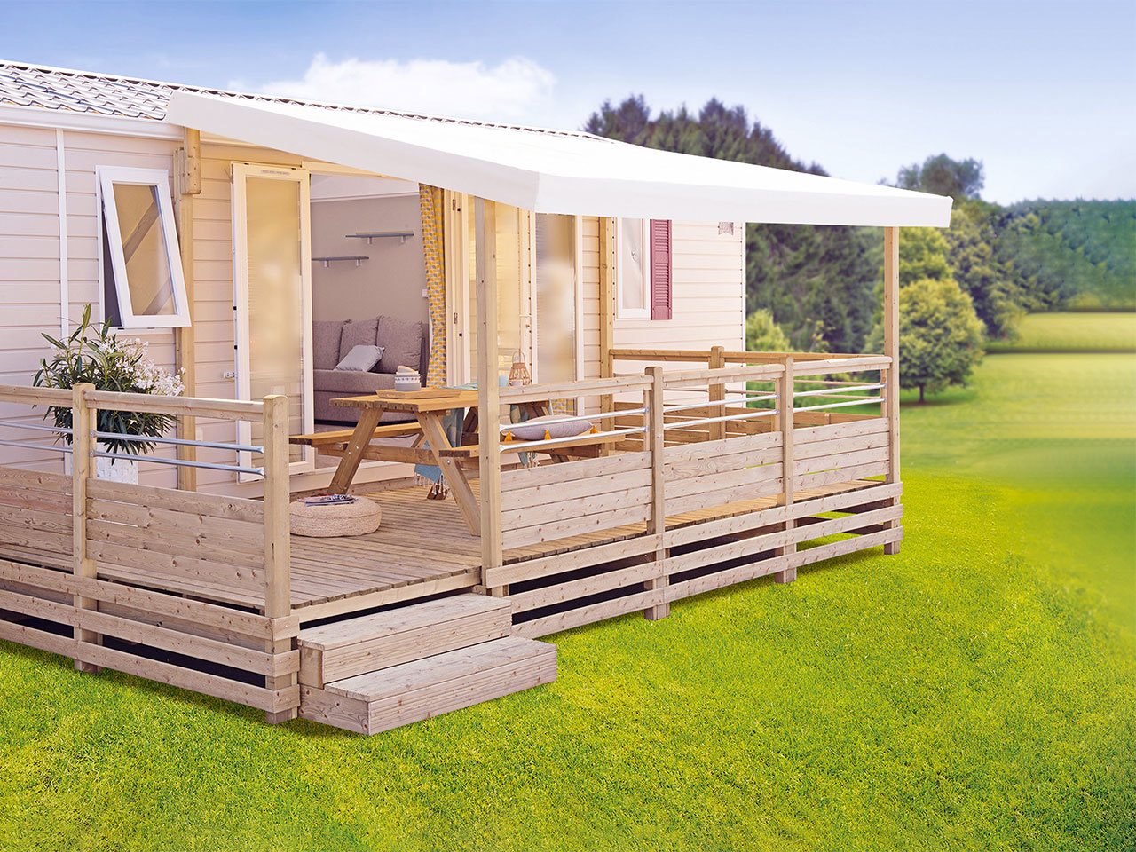 Terrasse bois classique couverte pour mobil-home